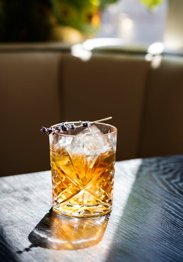 a glass cup on a table
