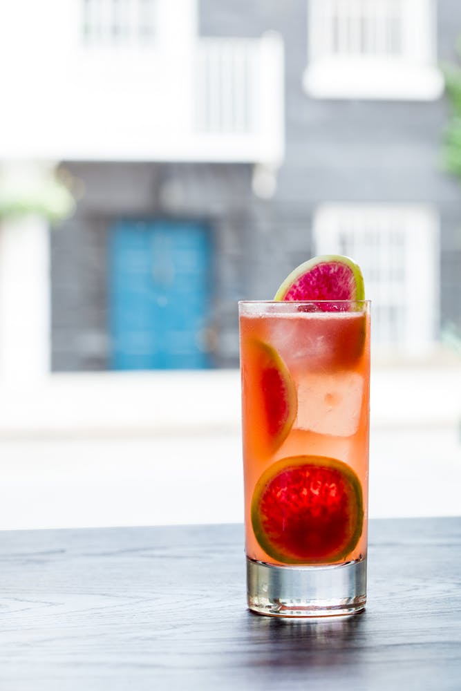 a close up of a red building